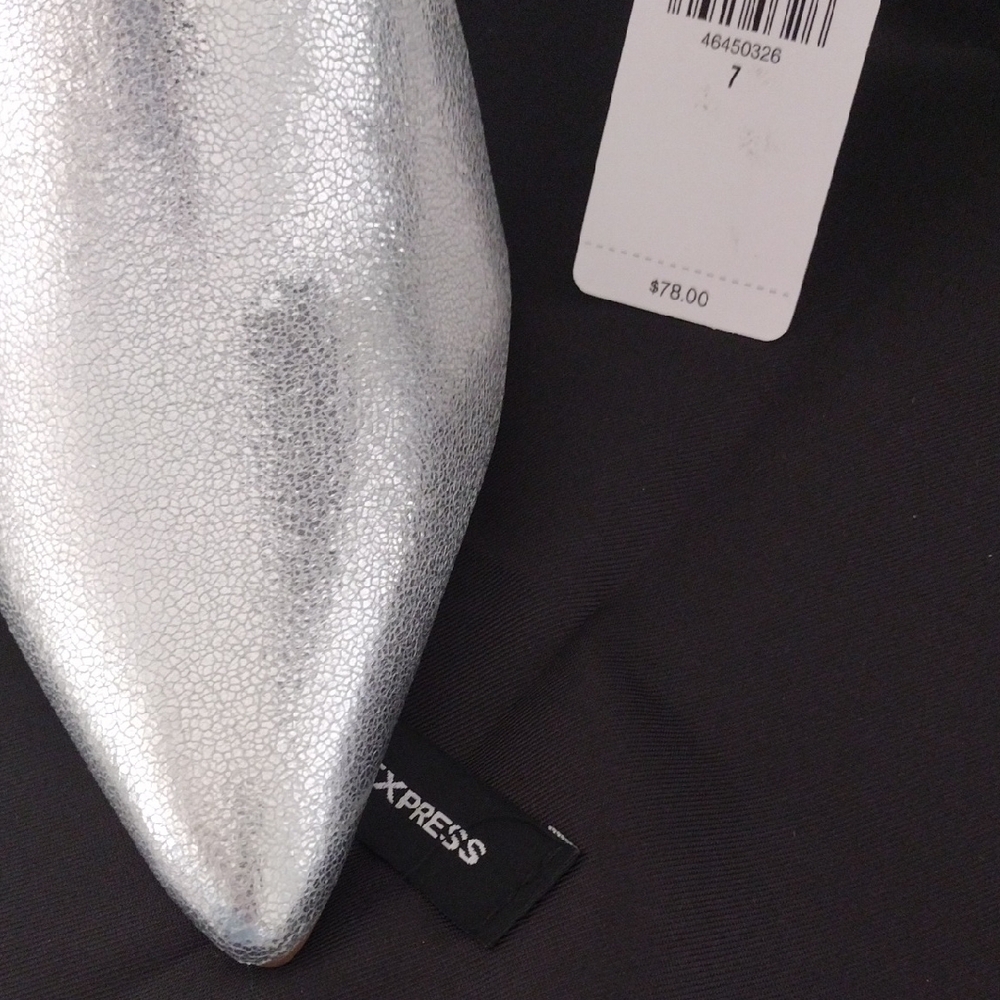 Express Pointed Toe Thin Heeled Booties. Metallic Silver. Size 7 - Picture 9 of 16